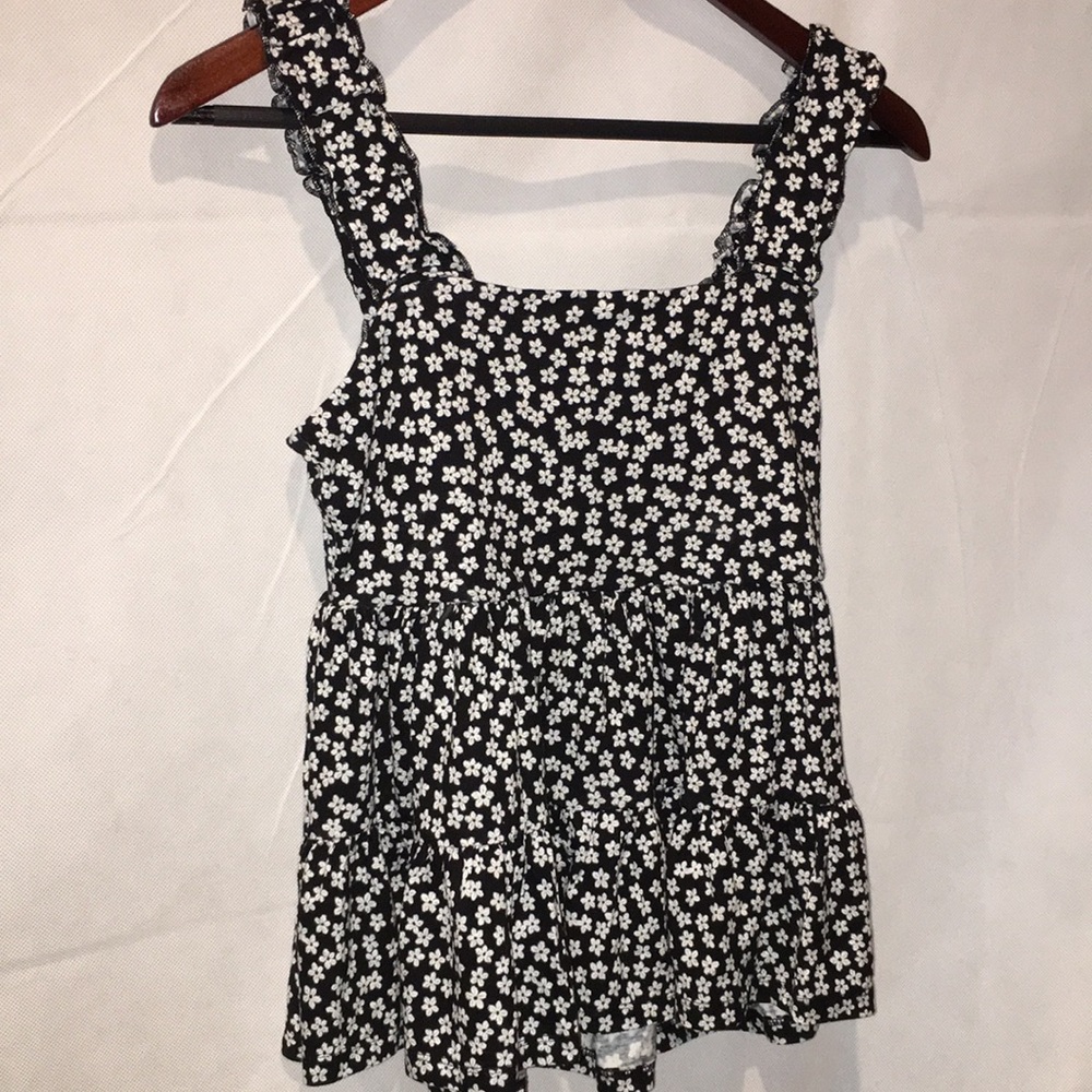 SO Goods For Life Wide Spaghetti Strap Floral Print Top | Black and White | M